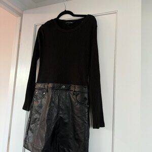 Veronica Beard Mini Dress Leather Mini Skirt Ribbed Knit Long Sleeves Sz Small